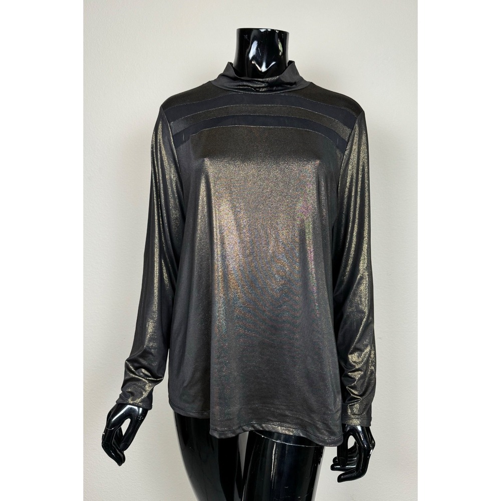 Nine West Metallic Top Women L Black Shimmer Long Sleeve Mock Neck Stretch Blous